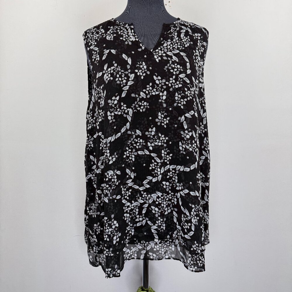 Cristina B Women's Tunic Blouse L Black Print Sleeveless Layered Curved Hem